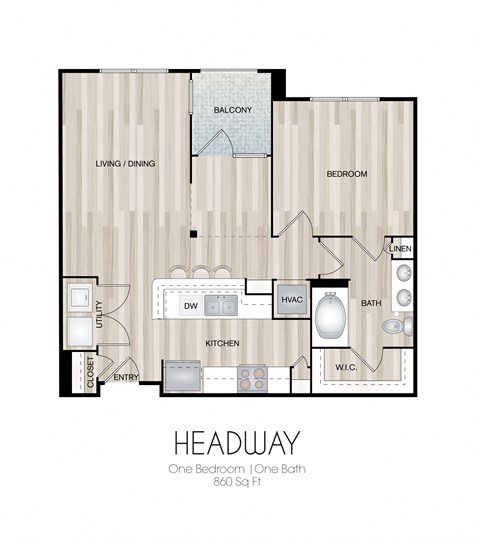 Floor plan for 1 bed, 1 bath, 868 sqft